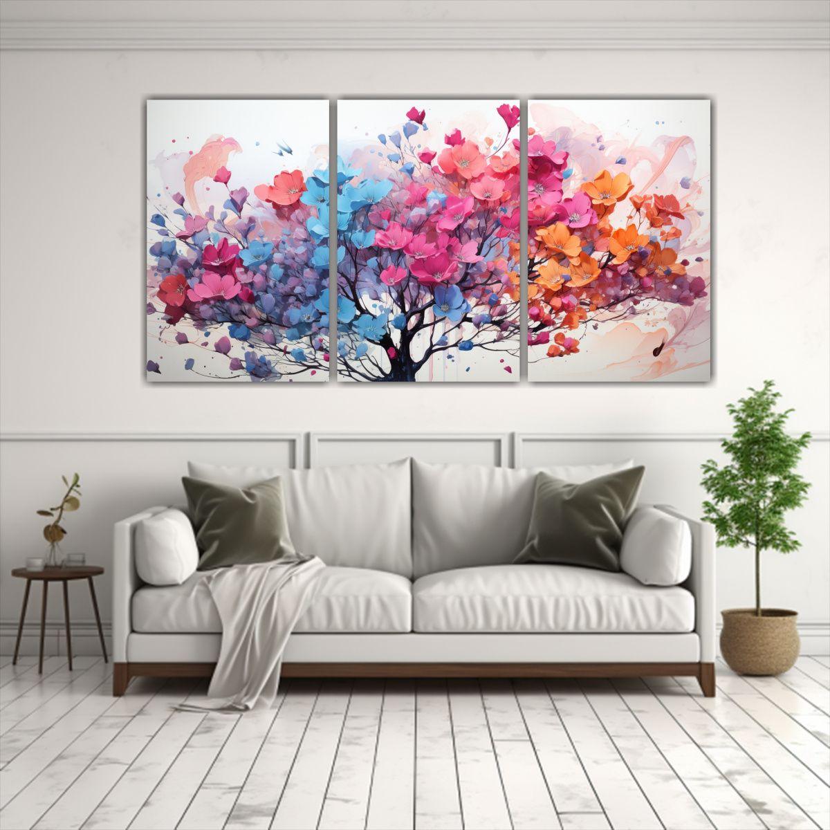 Tres Lienzos Estilo Galería: Árbol De Acacia En 240x120 Cm-2