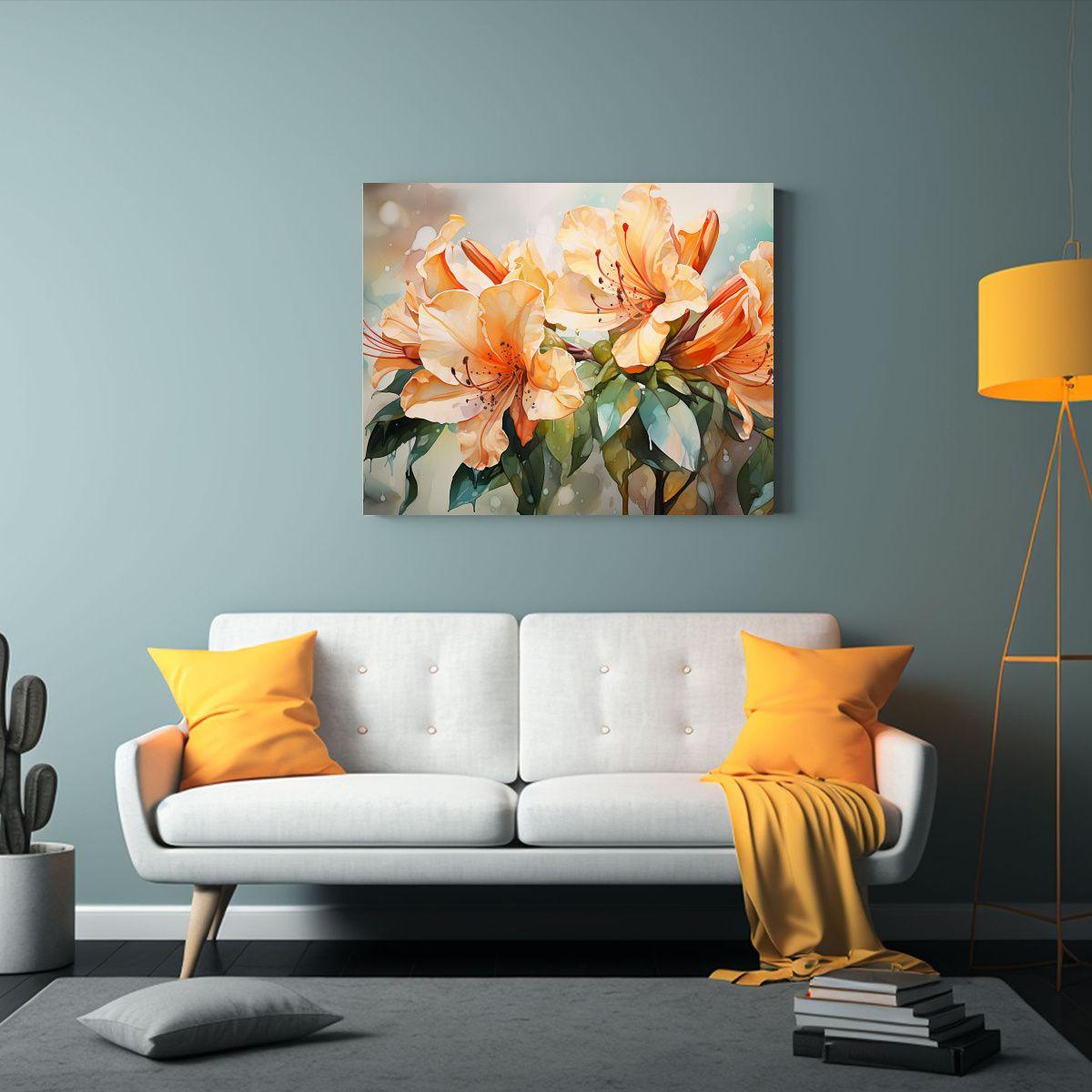 Cuadro En Bastidor Flores Rododendros Verde Y Naranja Abstra 65x50cm-2