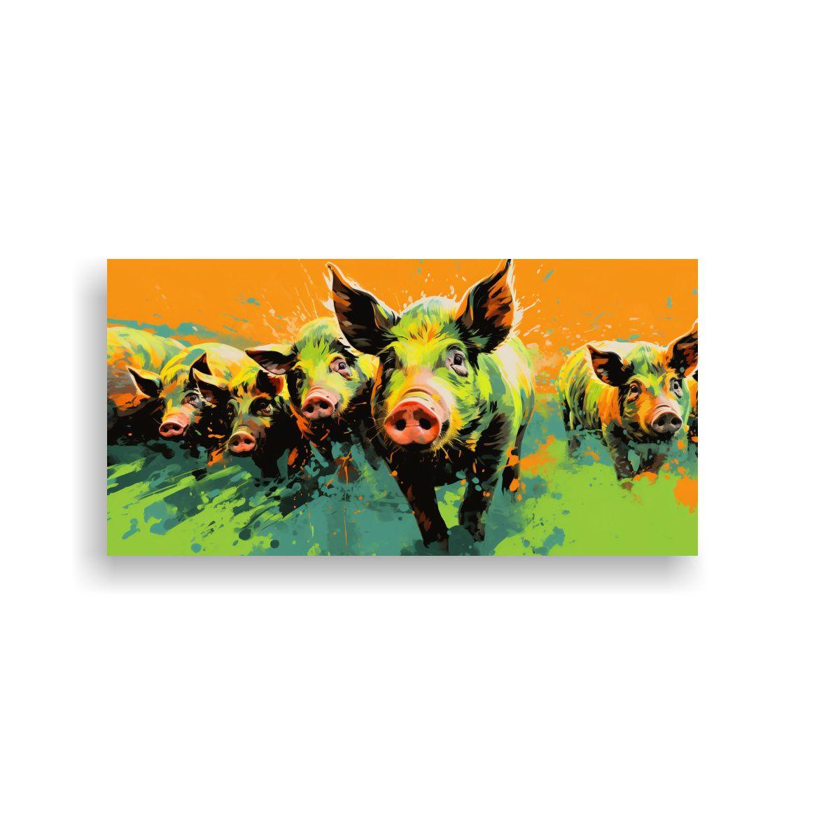 Pintura Expresionista De Cerdos En Verde Y Naranja 60x30cm-0