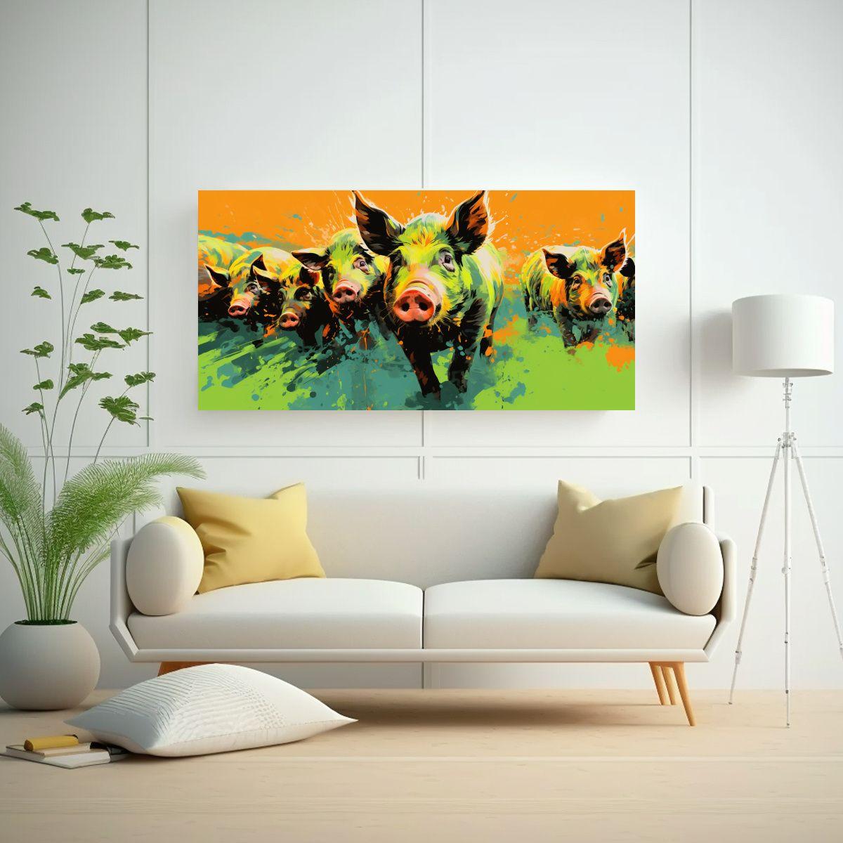 Pintura Expresionista De Cerdos En Verde Y Naranja 60x30cm-2