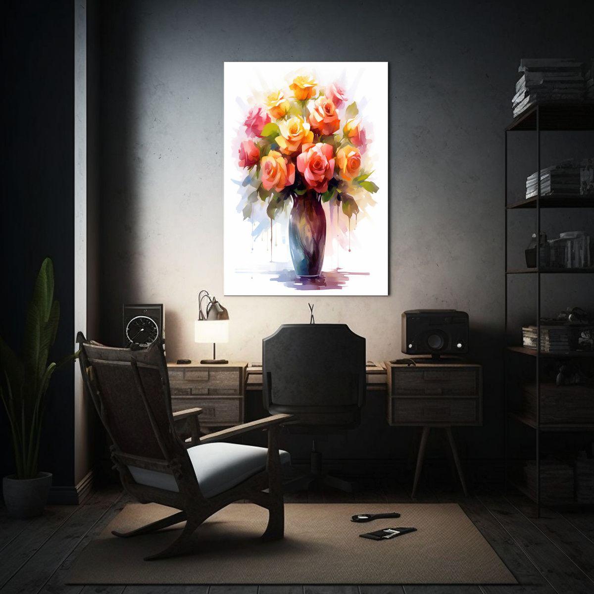 Pintura De Rosas En Jarrón De Agua, Acuarela, 50x65cm-2