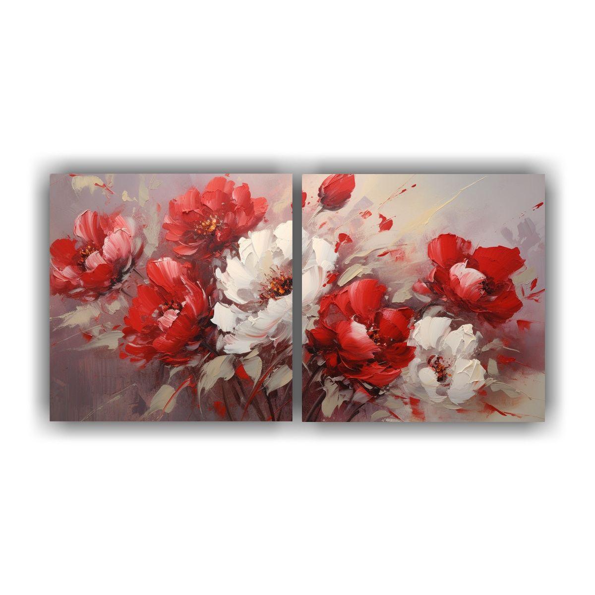Diptico Moderno Equilibrio A Red PEONIES En Lienzo 80x40 Cm-0