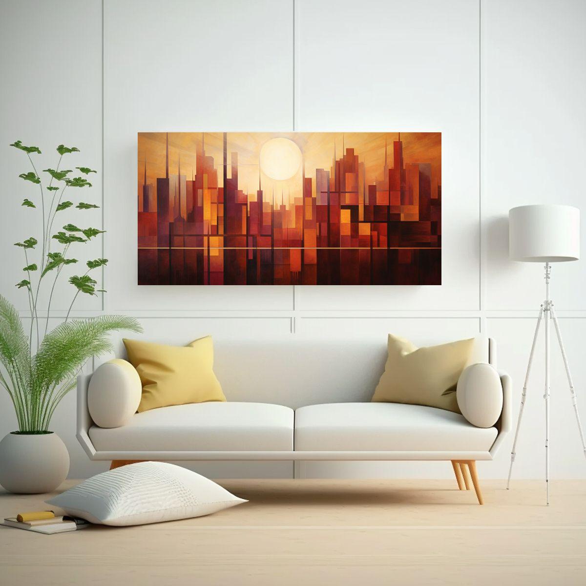 Pintura Abstracta De Ciudad Al Amanecer En Lienzo 100x50cm-2