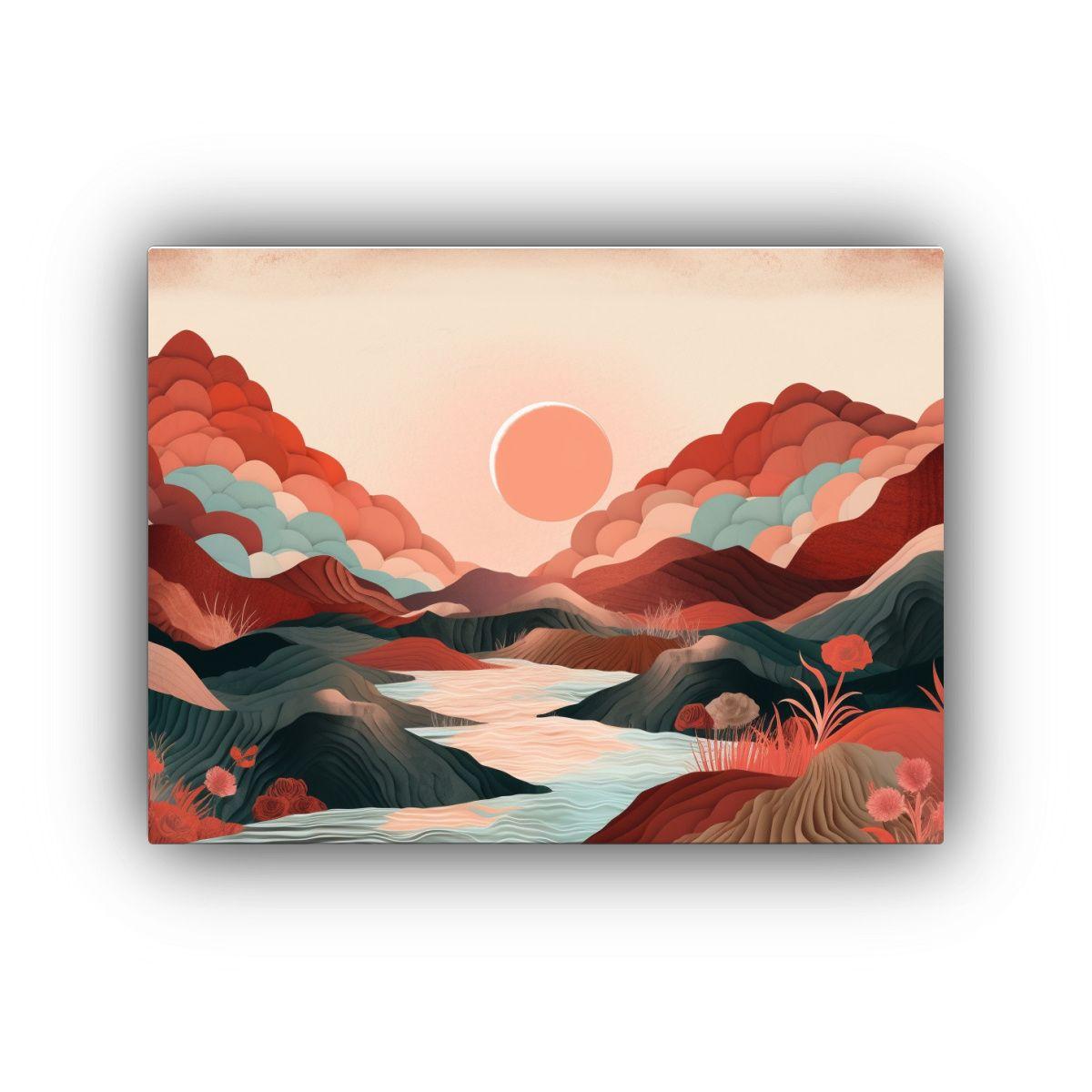 Cuadro Clásico De Montañas Y Valle Con Sol, Pintura Decora 65x50cm-0