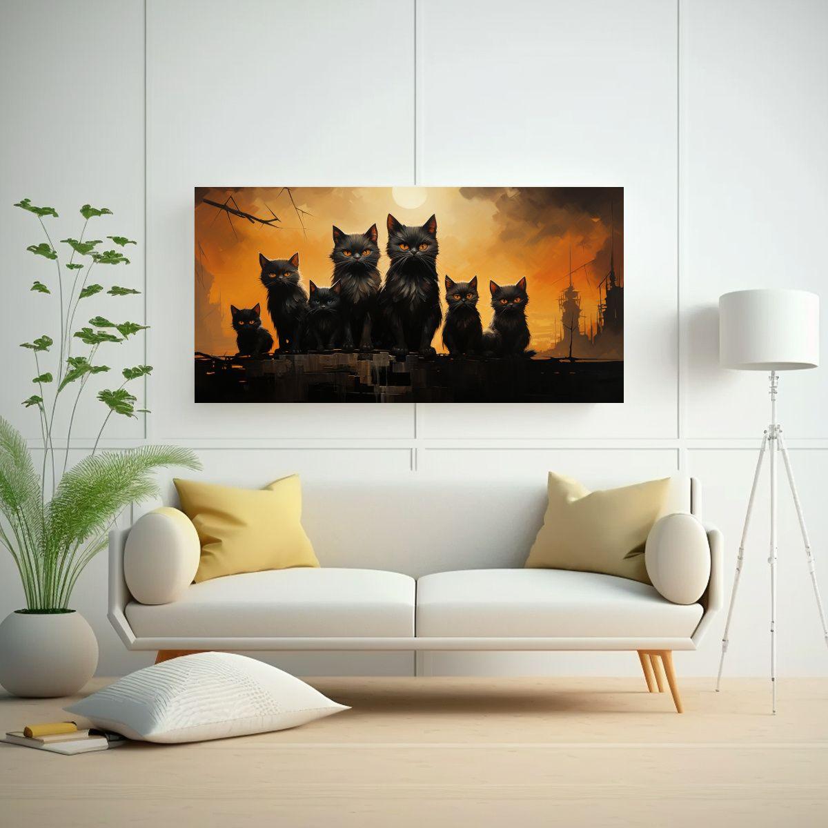 Cuadro De Gatos Negros En Bastidor Resistente 80x40cm-2