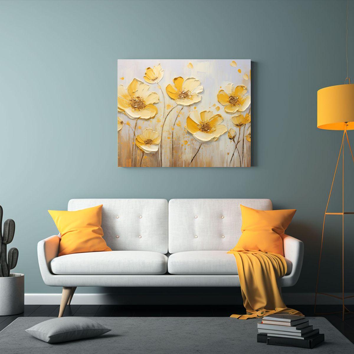 Lienzo Decorativo Elegante Flores Amarillas Y Doradas En Lie 75x50cm-2