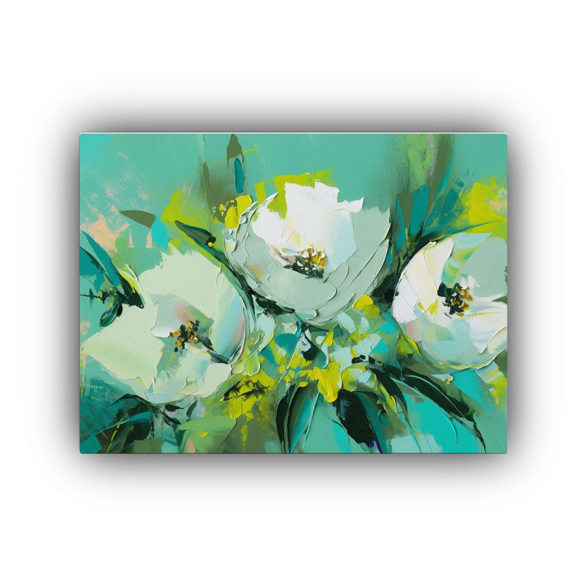 Cuadro Exclusivo De Flores En Tonos Verde Y Turquesa. 75x50cm-0