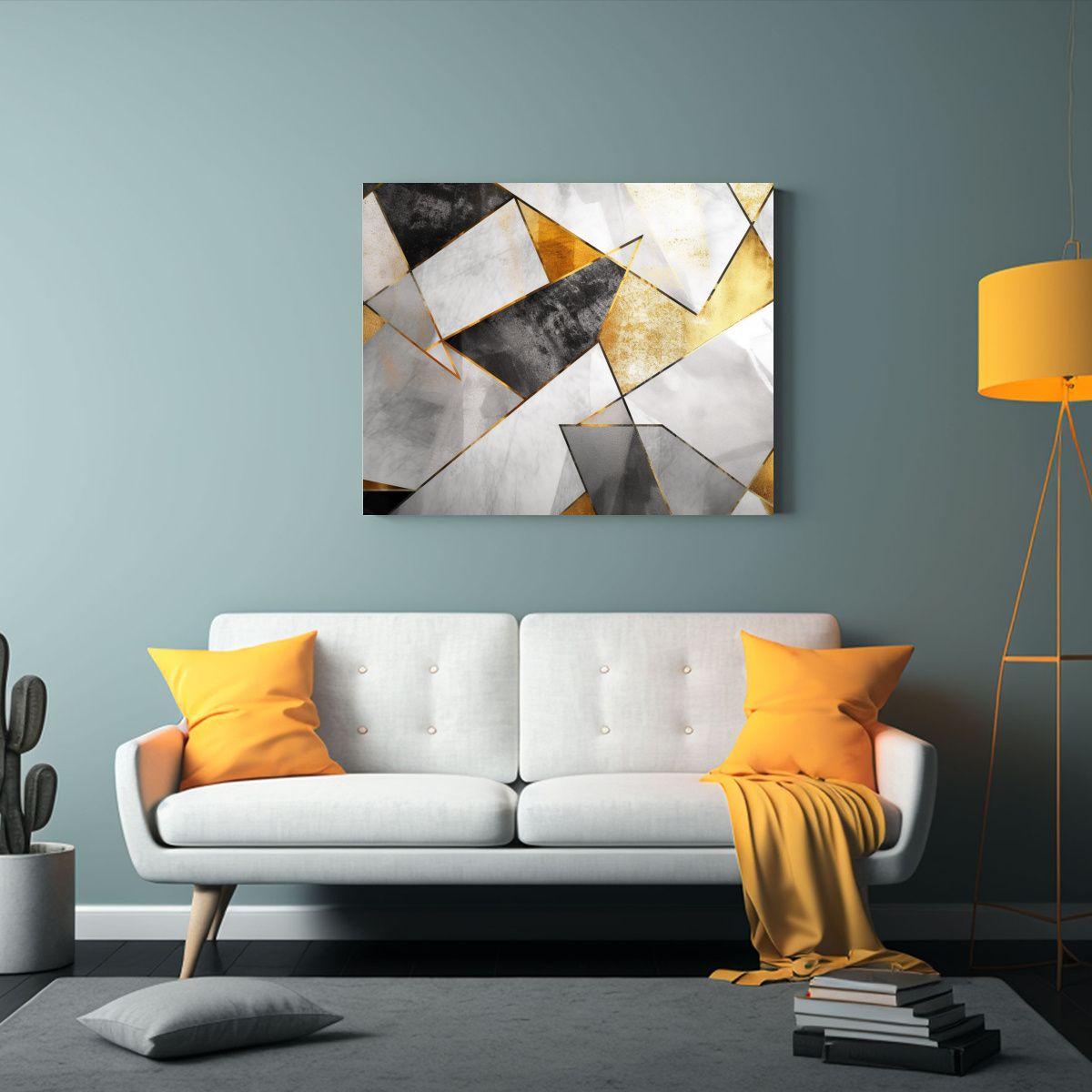 Lienzo Geométrico Abstracto En Tonos Plata Y Oro Para Decor 60x40cm-2