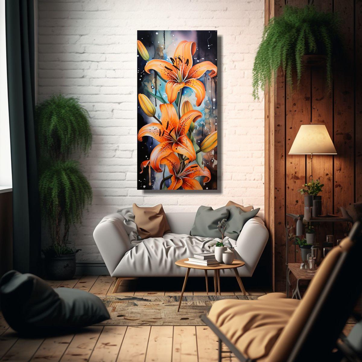 Pintura Abstracta Lirios Naranja Y Negro En Lienzo 70x140cm-2