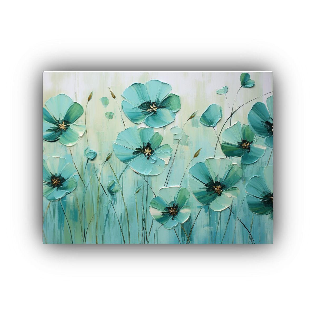 Pintura En Lienzo De Flores Verdes Y Cian, Obra Maestra De A 50x40cm-0