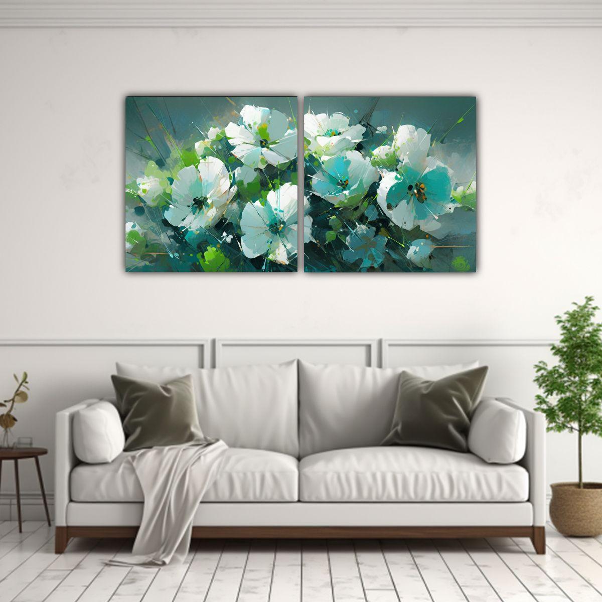 Cuadro Horizontal Motivo A Flores En Verde Y Cyan 80x40 Cm-2