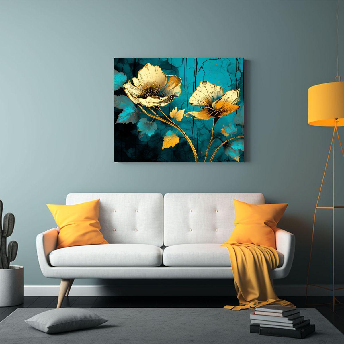 Arte En Lienzo Para Baño: Turquesa Y Oro En Atmósfera Neon 65x50cm-2
