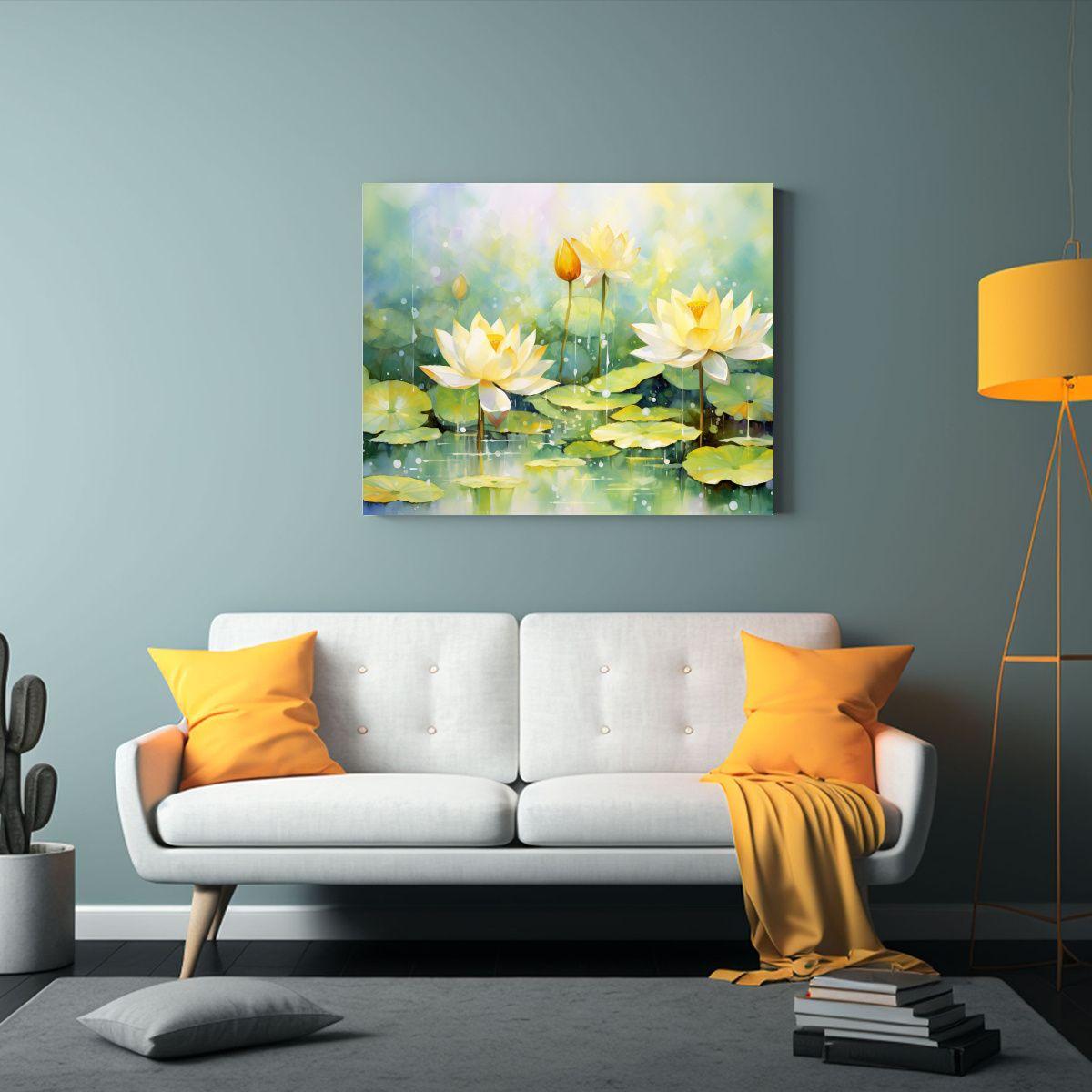 Cuadro Abstracto Inspirado En Flores De Loto Amarillas Y Ver 75x50cm-2
