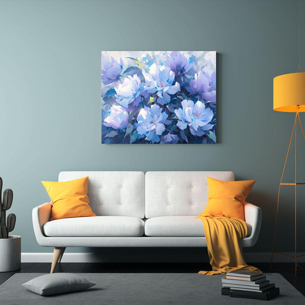 Pintura De Flores En Lienzo Púrpura Y Turquesa 65x50cm-2