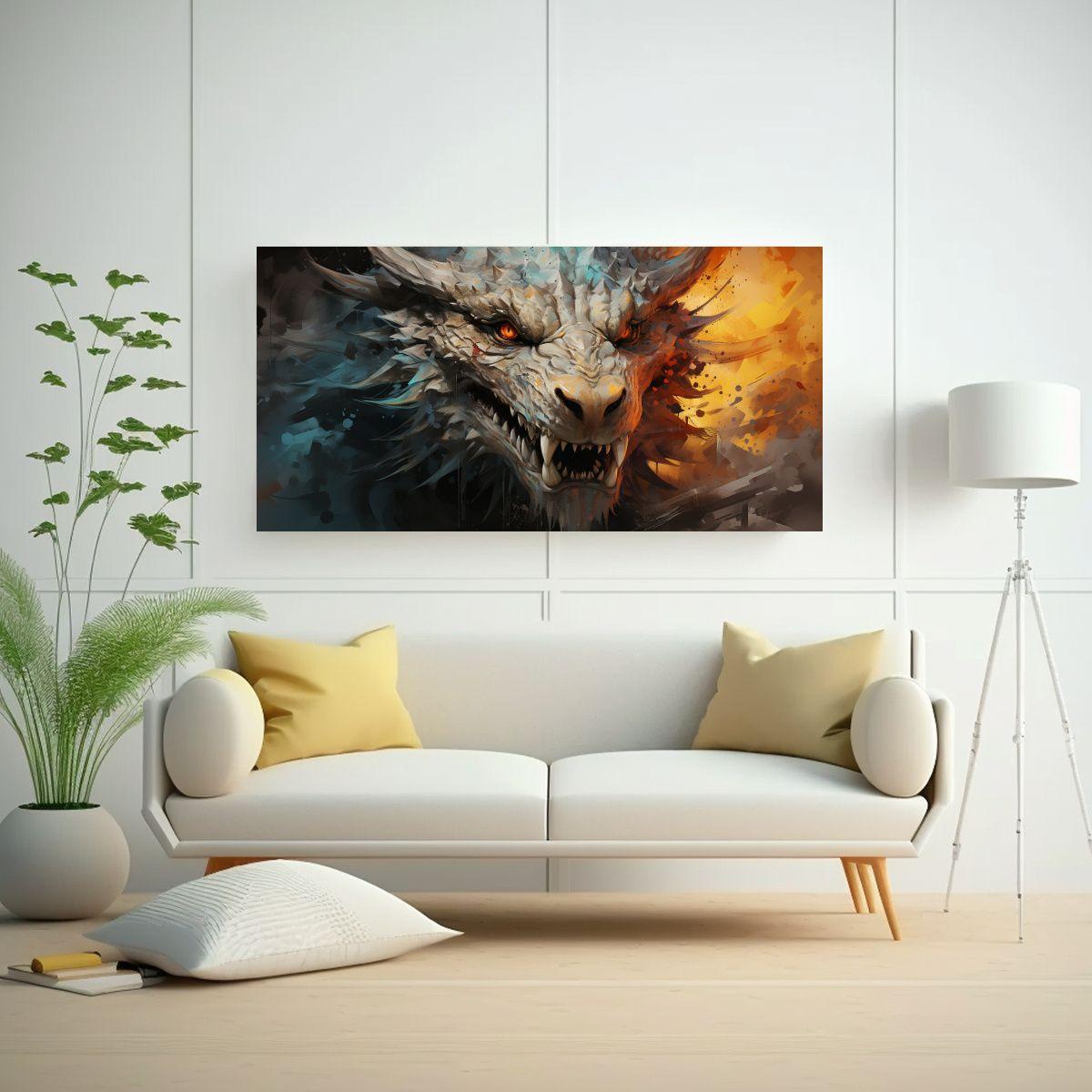 Pintura Decorativa Refinada Con Dragón En Tonos 80x40cm-2