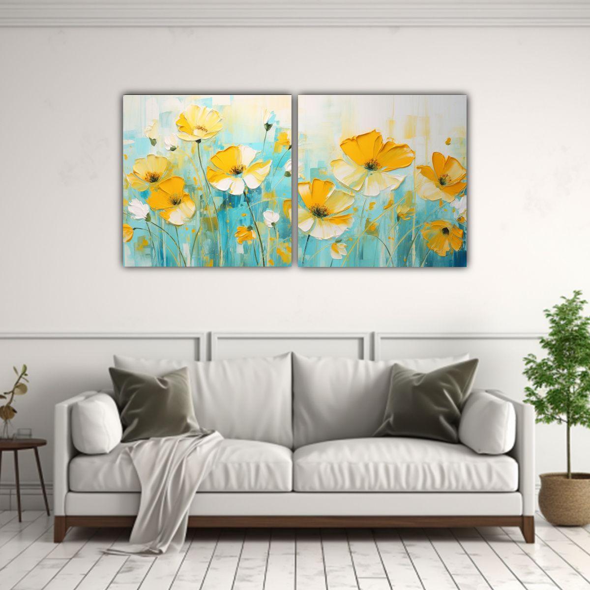 Pintura En Lienzo De Flores Amarillas Y Turquesas 80x40 Cm-2