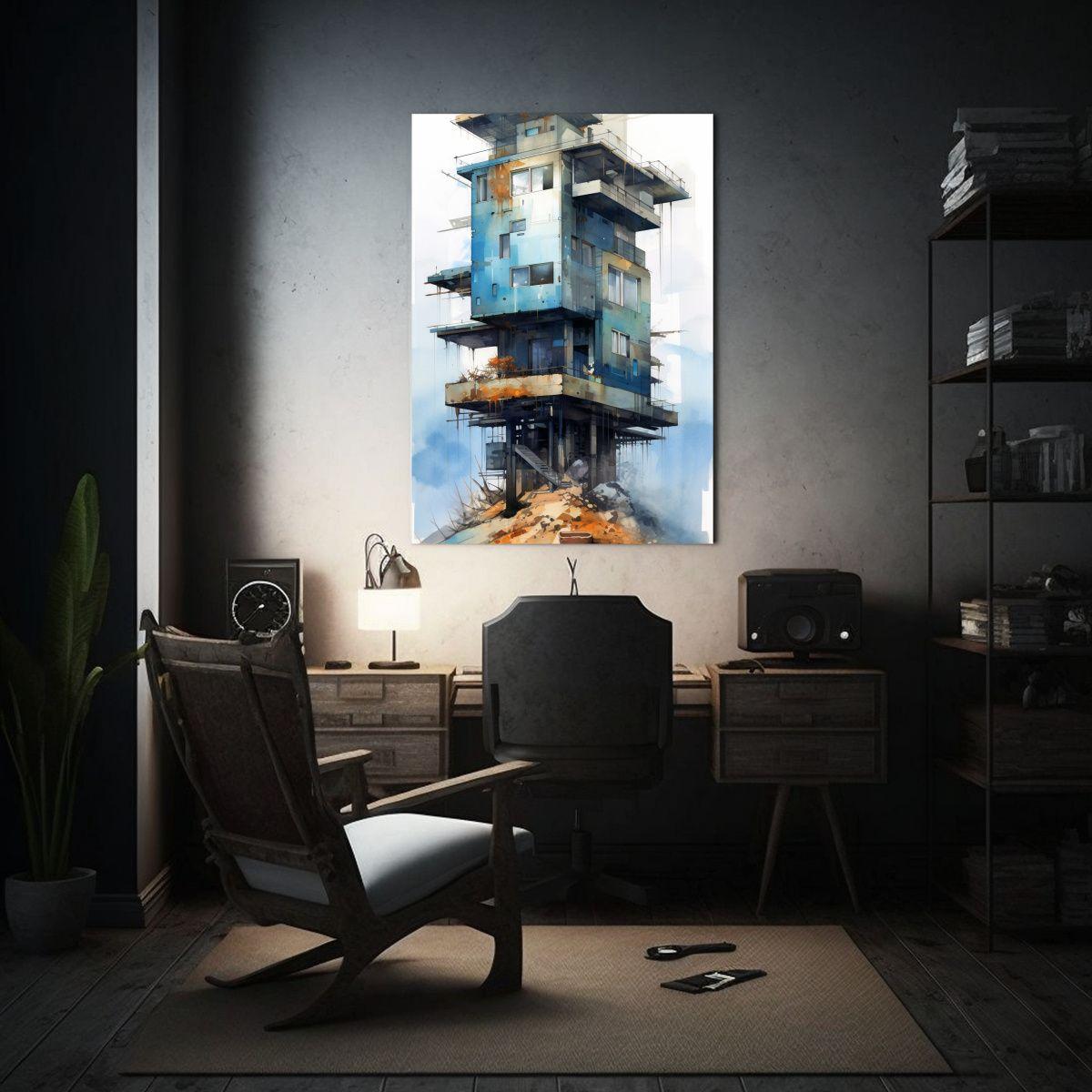 Cuadro Pintura Estilo Galeria Escena Casa Acuarela 50x75cm-2