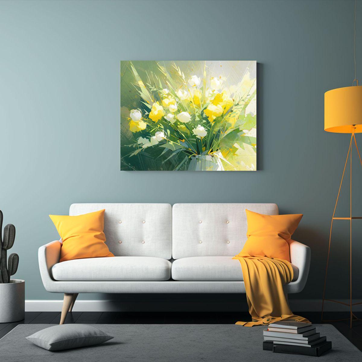 Pintura En Lienzo De Flores Amarillas Y Verdes De Alta Calid 90x60cm-2