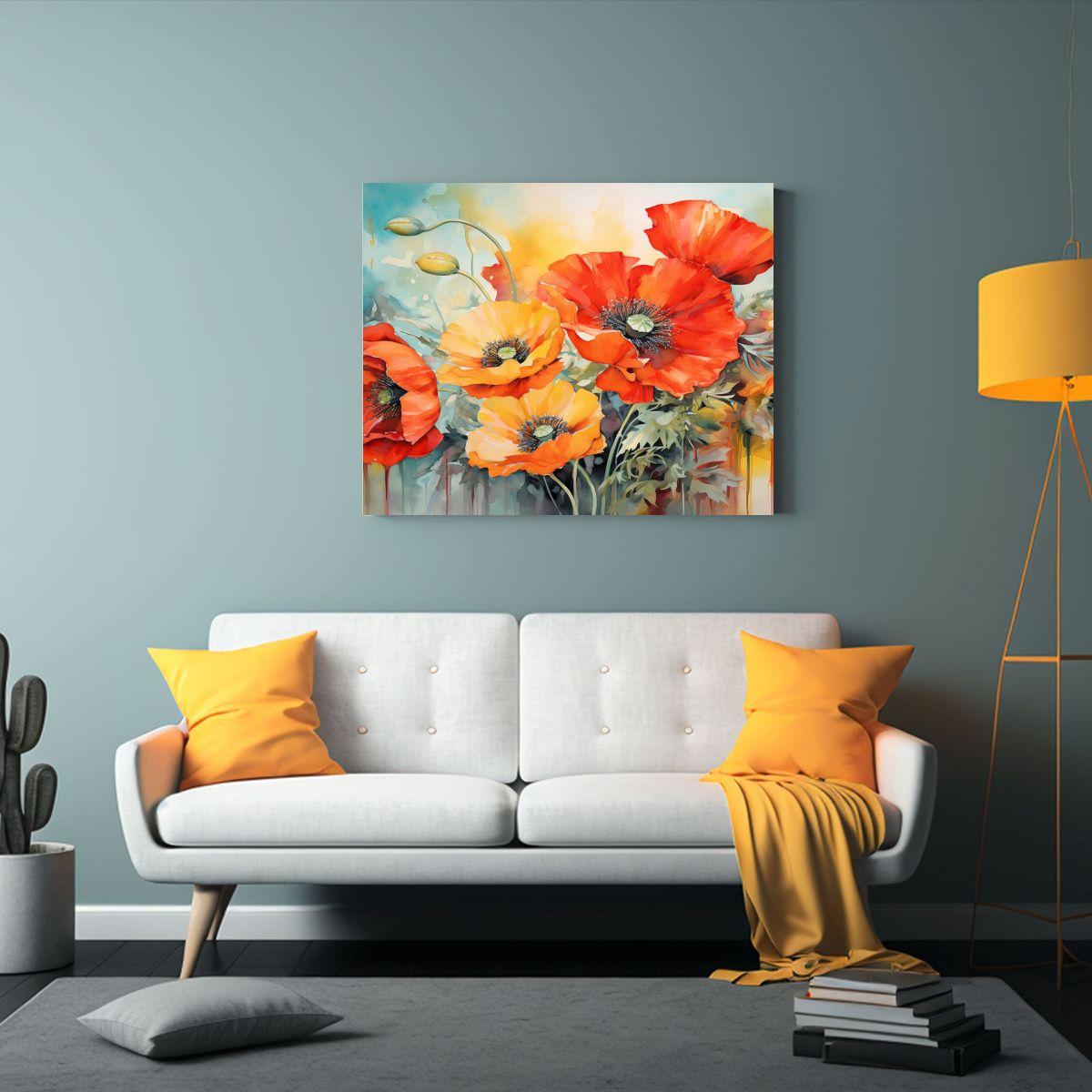 Pintura De Amapolas Estilo Canva Colores Con Fondo Amarillo  30x20cm-2
