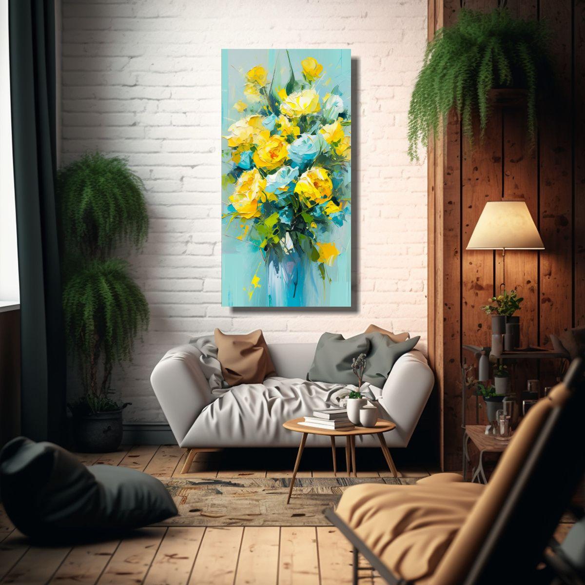 Cuadro Cuadro Reflejo De Flores Amarillas Y Cyan E 70x140cm-2