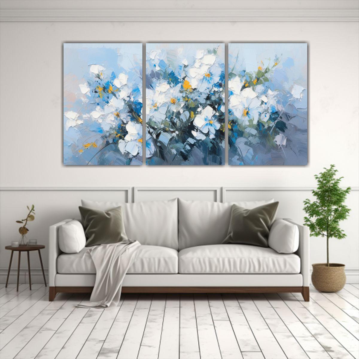 Tríptico De Flores Azules En Lienzo Al Estilo 120x60 Cm-2