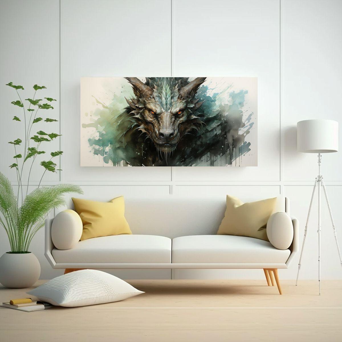 Pintura Decorativa Con Dragón En Acuarelas Y Tono 40x20cm-2