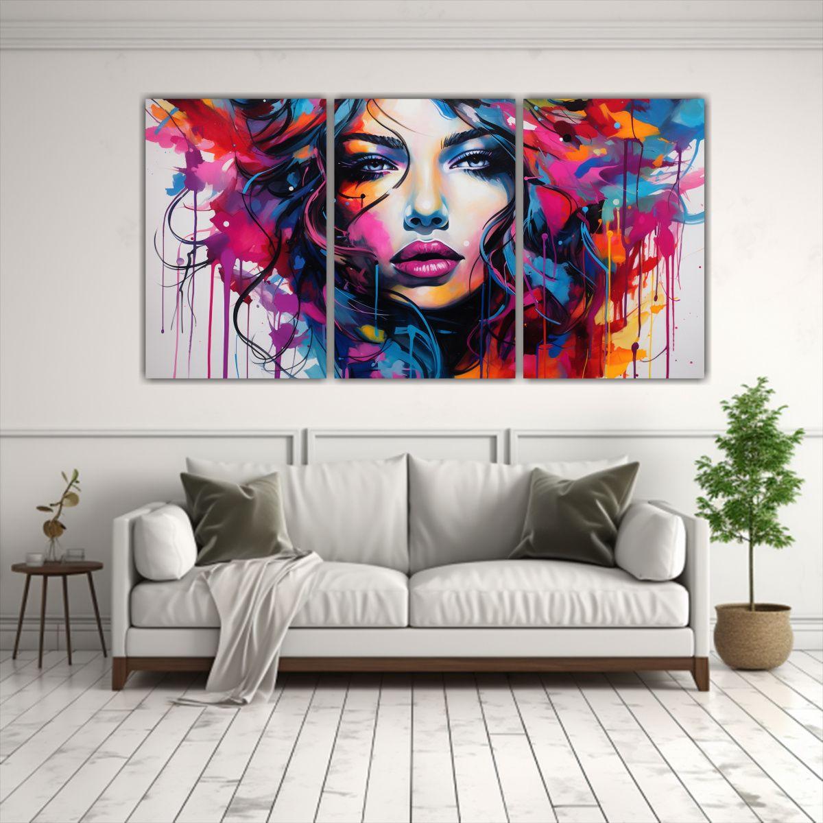 Set 3 Lienzos Imagen Mujer Hermosa Con Tinta 150x75 Cm-2