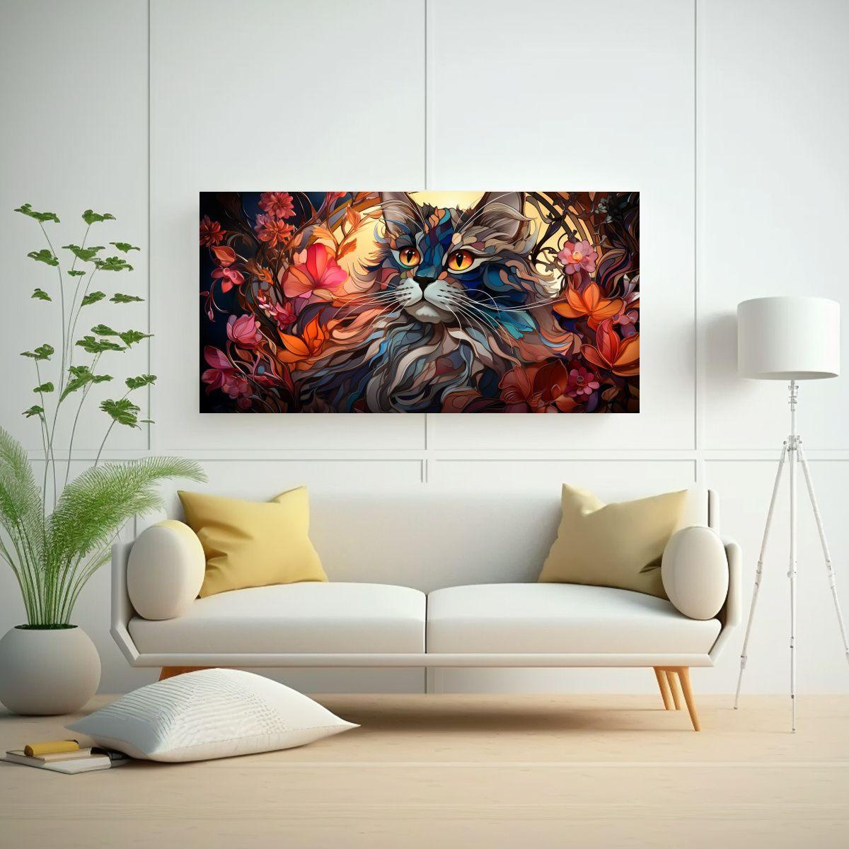 Pintura De Gato Sonriente En Vitral: Decoración 100x50cm-2