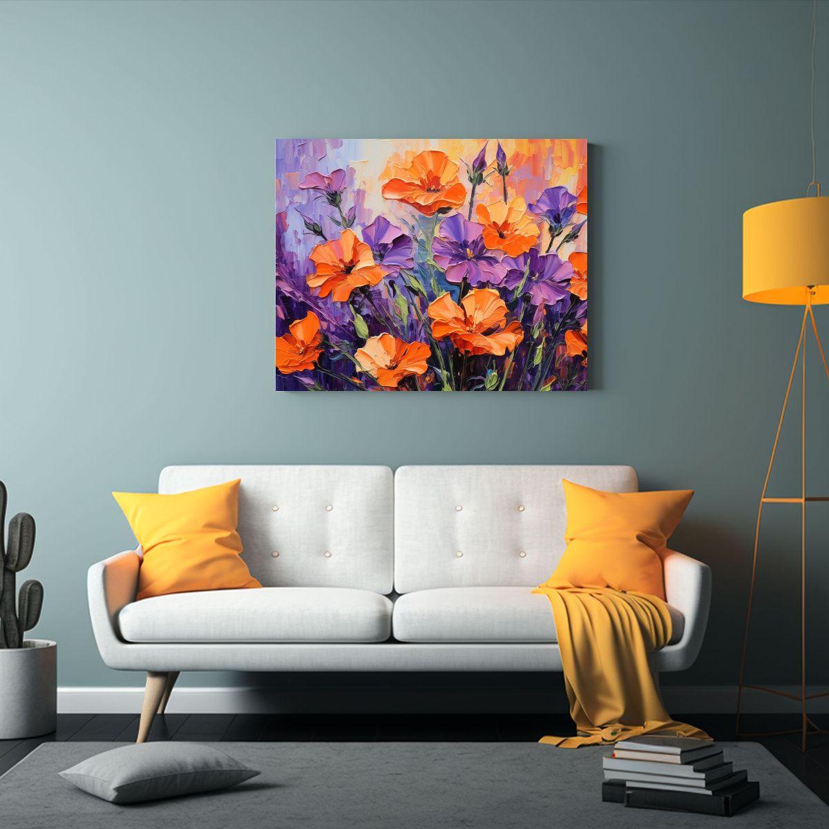 Pintura De Flores Moradas Y Naranjas En Lienzo Para Decoraci 60x40cm-2