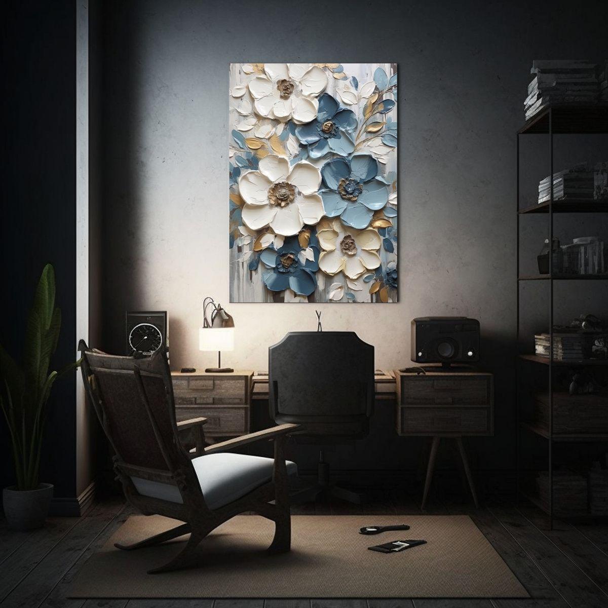 Pintura Lienzo Simétrico De Flores Azules En Marco Blanco 30x45cm-2