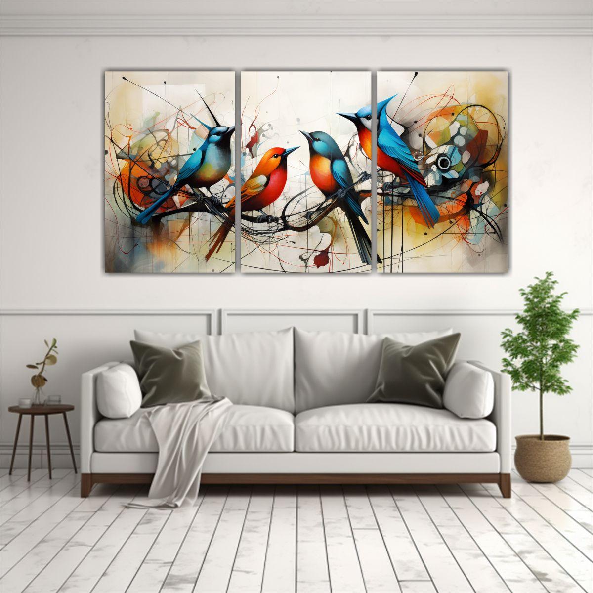 Trío De Cuadros Abstractos De Pájaros En 120x60 Cm-2