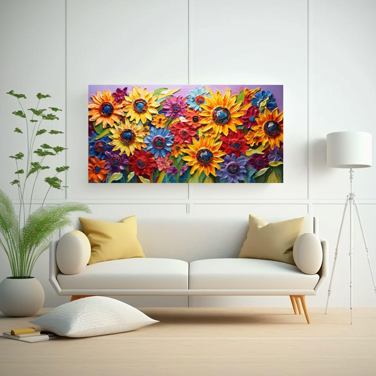 Pintura De Girasoles En Arcoíris En Lienzo 60x30cm-2