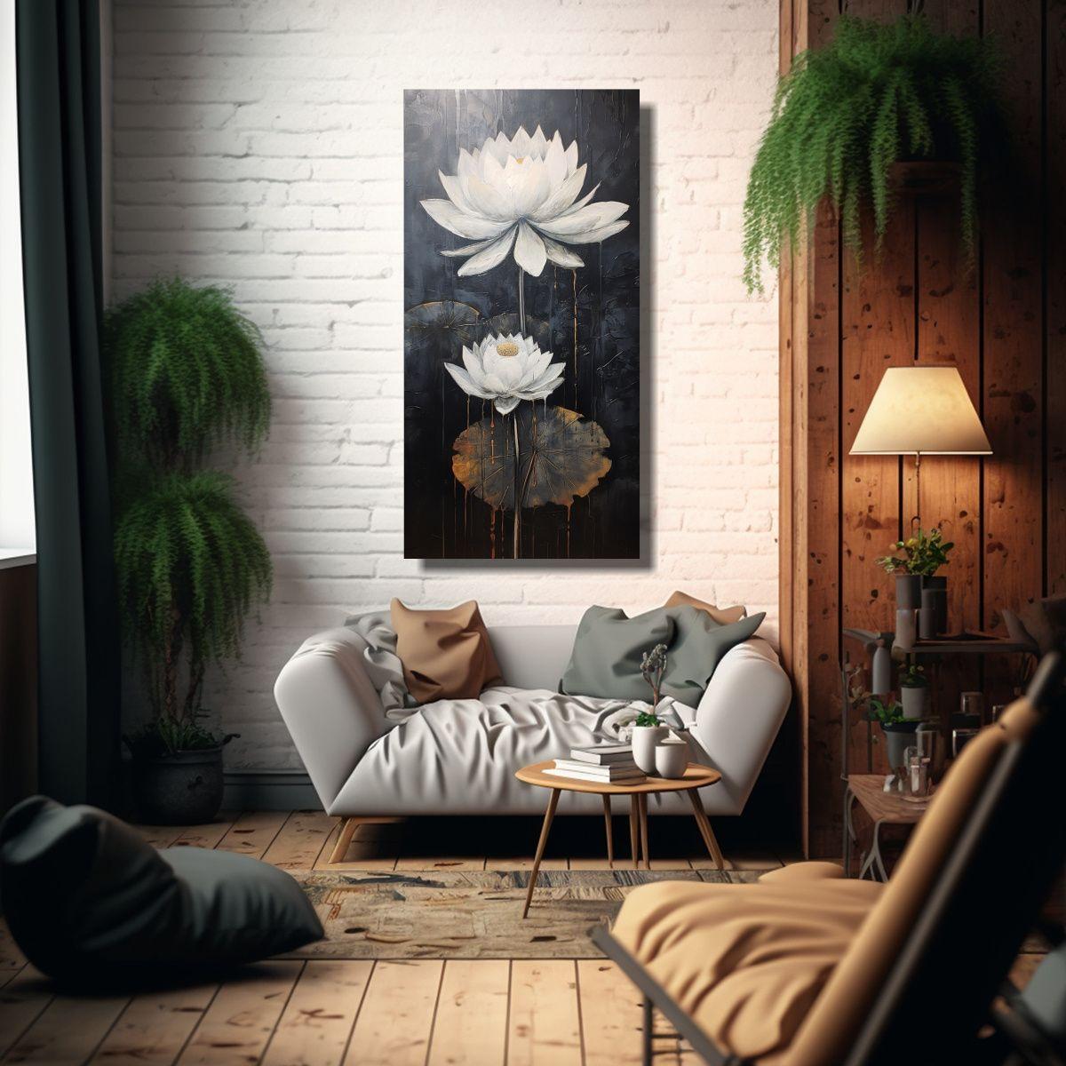 Pintura En Lienzo Estilo Esquema De Loto Negro 70x140cm-2