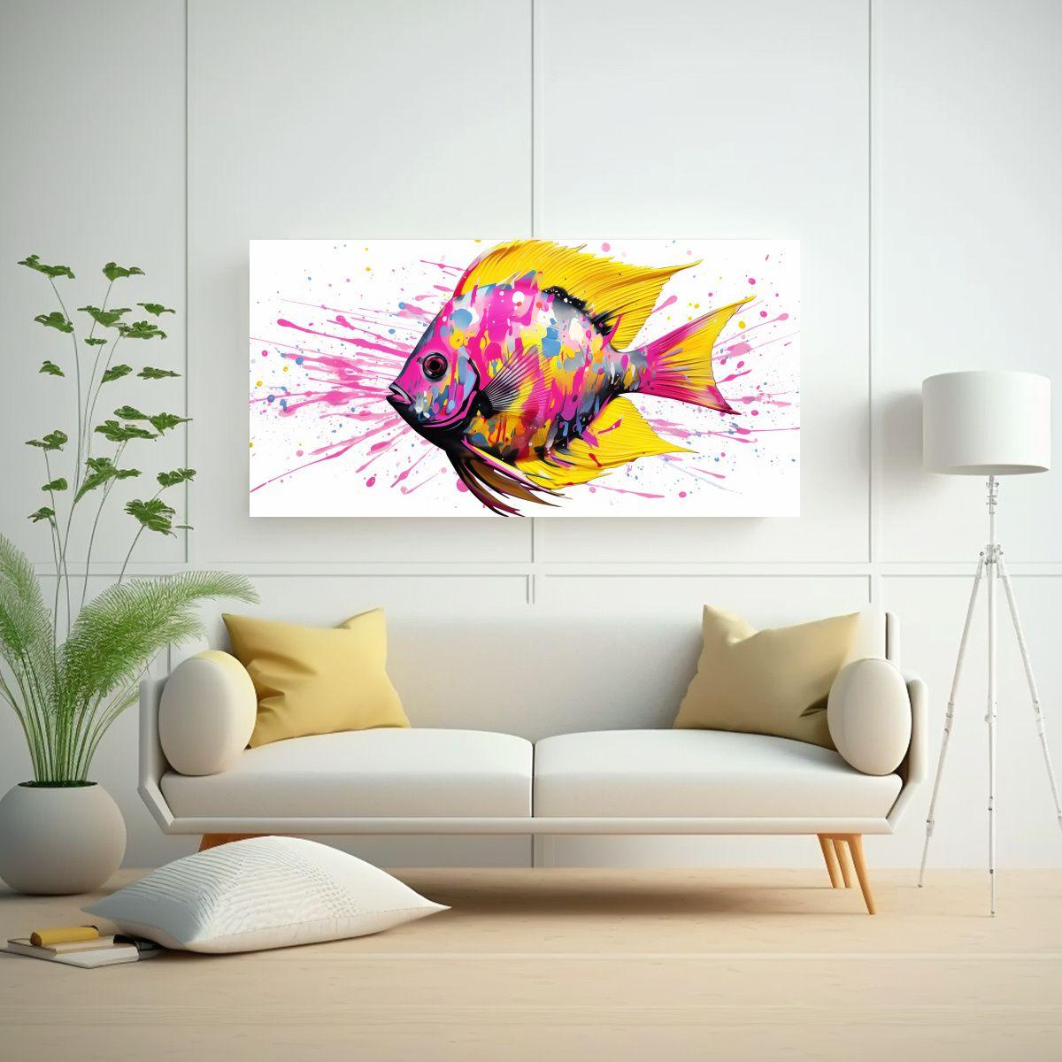 Pez Ángel En Amarillo Y Rosa Arte Pop Neo Pintura 60x30cm-2