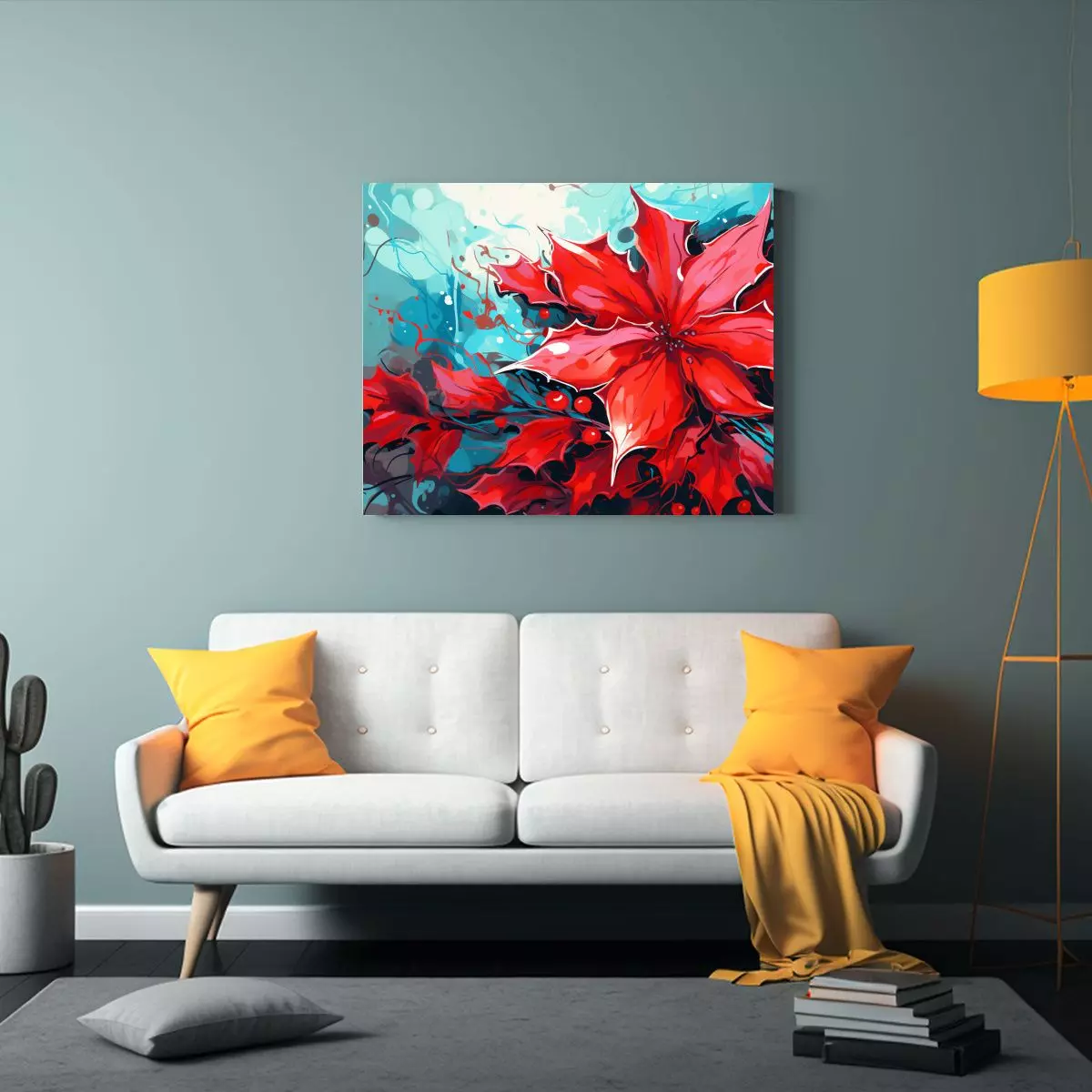 Lienzo Vanguardia: Hojas De Acebo Rojo Neonoir Neo Pop 65x50cm-2