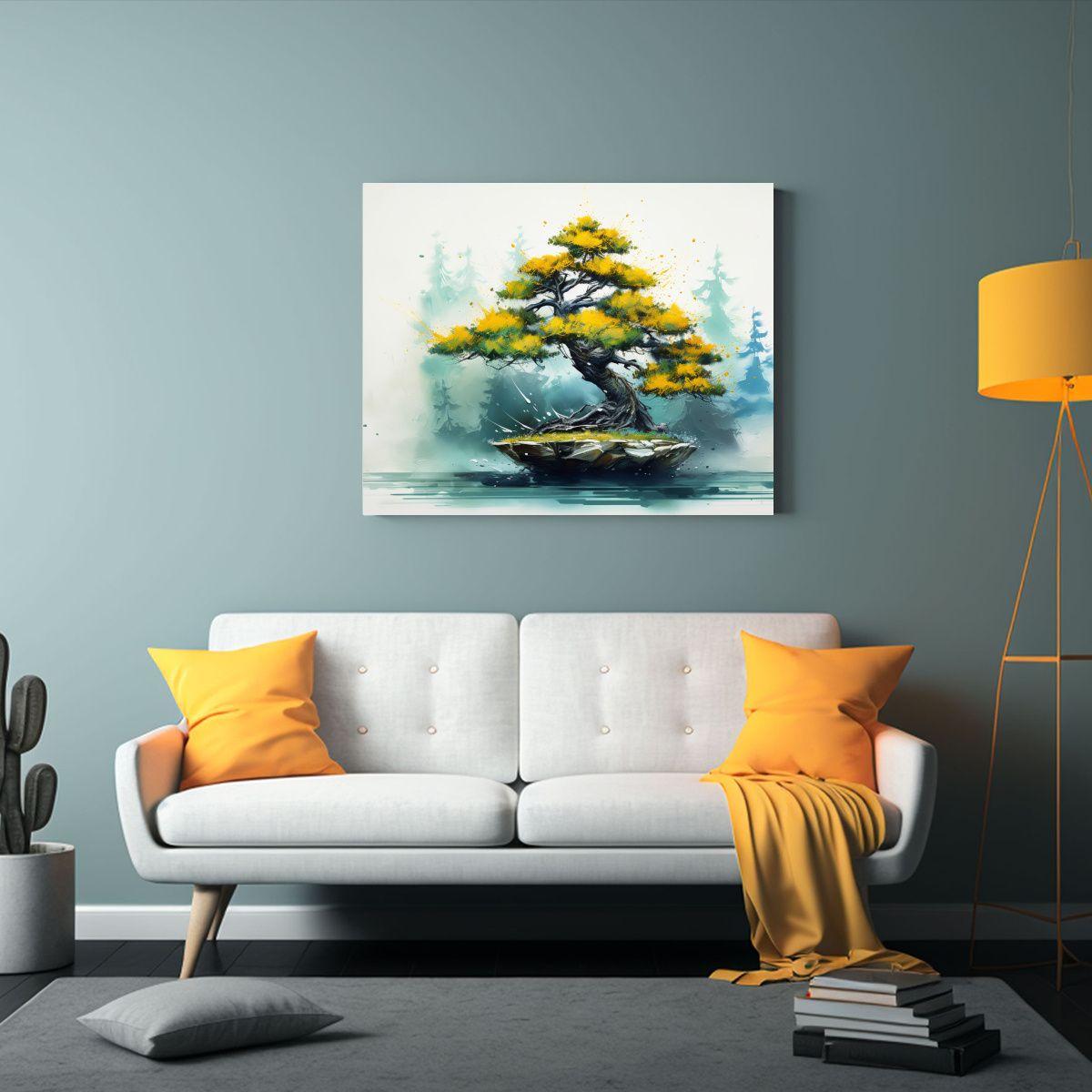 Cuadro Abstracto De Bonsái Amarillo Y Turquesa Para Decorar 65x50cm-2