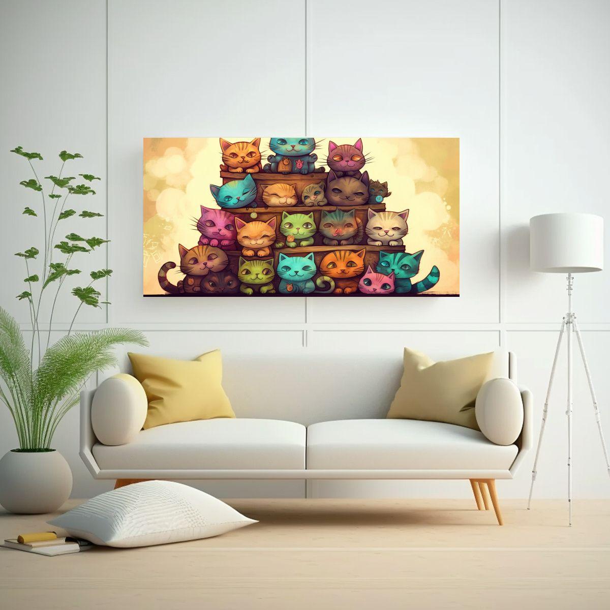 Cuadros De Gatos En Un Lienzo Con Muchos Colores 100x50cm-2