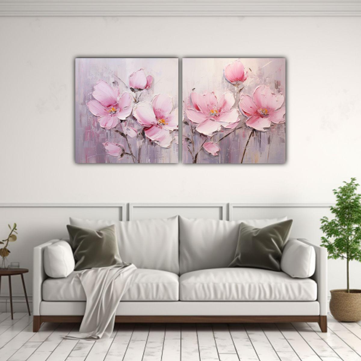 Cuadro Tema Simétrico Flores Rosadas En Lienzo 140x70 Cm-2