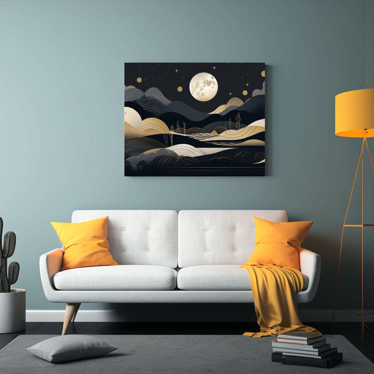 Pintura Decorativa De Noche Y Luna Con Paisaje Simétrico En 65x50cm-2