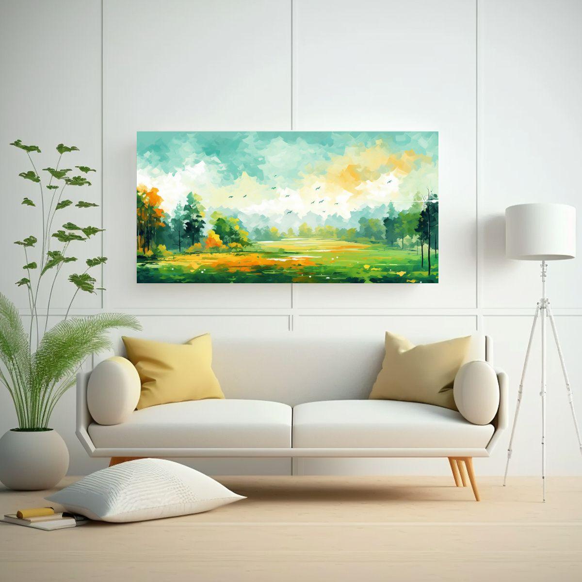 Paisaje Otoñal Con Tonos Verdes En Arte Pop Neo. 40x20cm-2