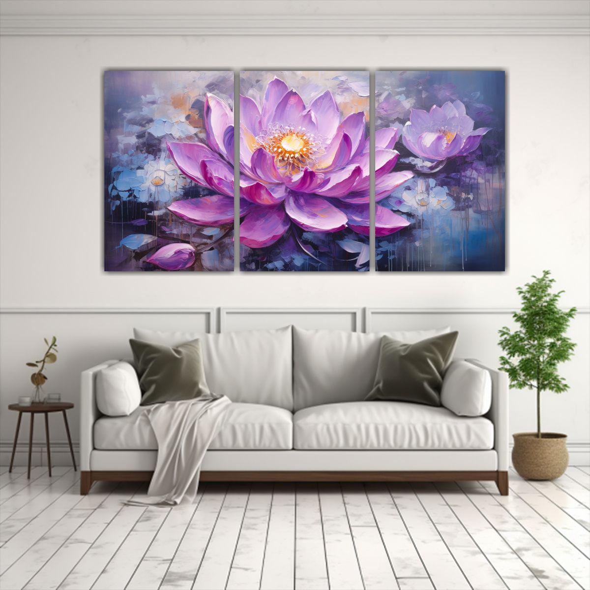Pintura Vintage De Loto Morado En Lienzo Estilo 150x75 Cm-2
