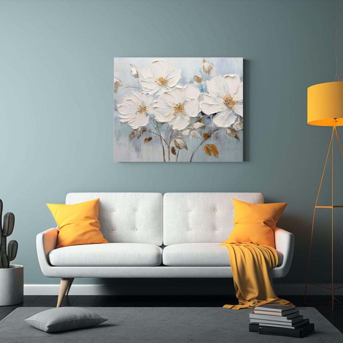 Pintura Floral Blanca Y Plateada En Lienzo Para Decoración  40x30cm-2