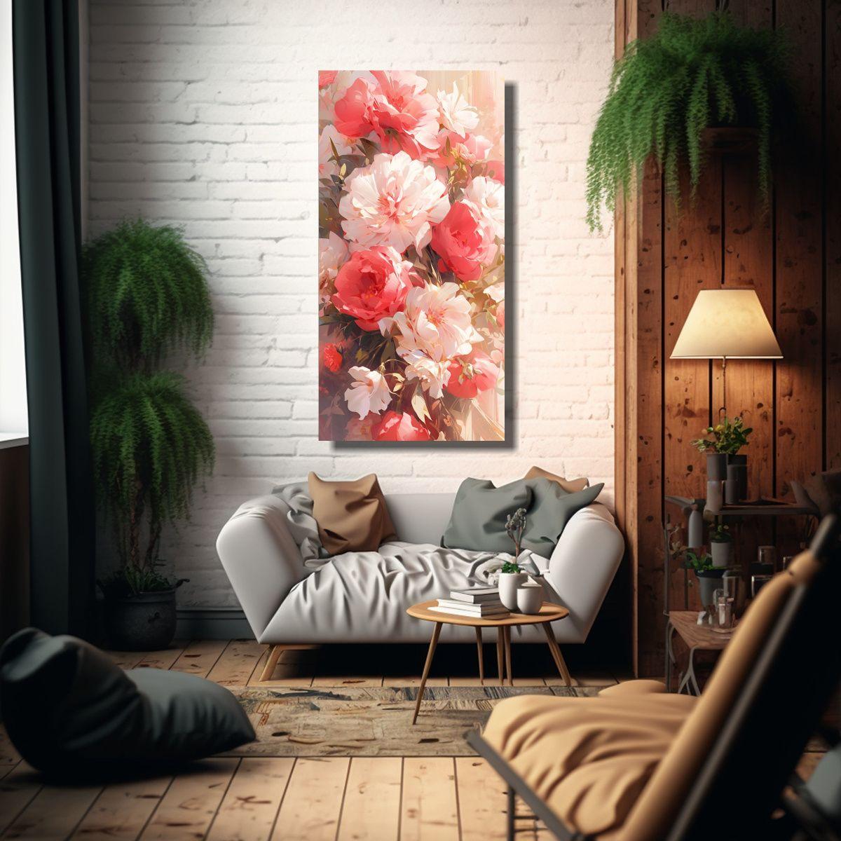 Cuadro Abstracto De Equilibrio En Rojo Y Flores 30x60cm-2