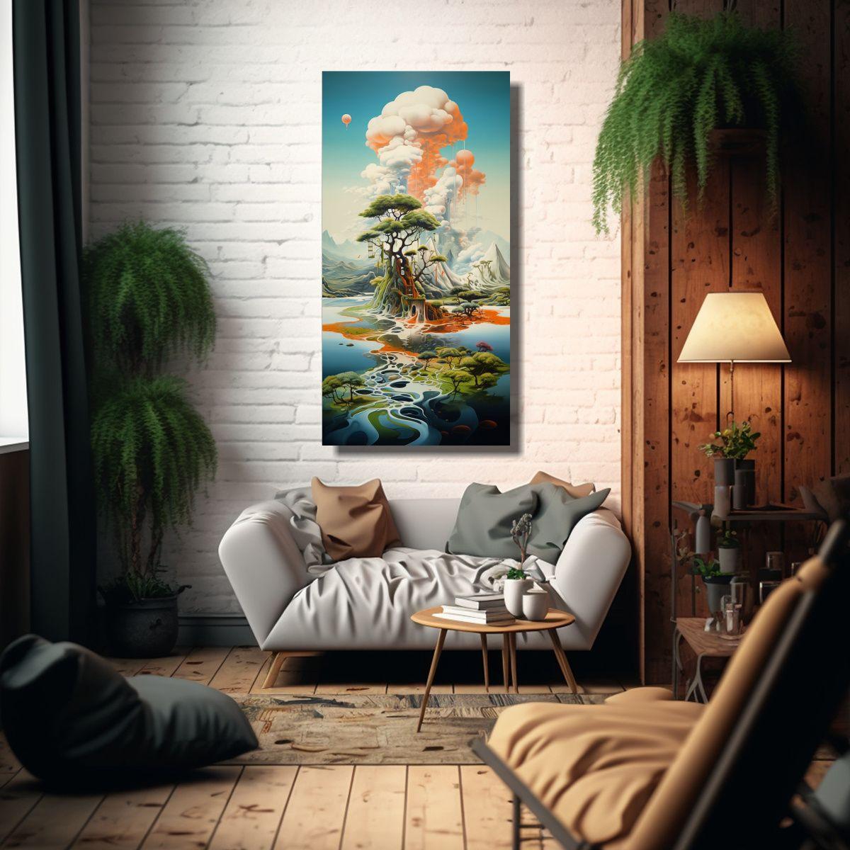 Cuadro De Arte Surrealista Con Islas Flotantes 30x60cm-2