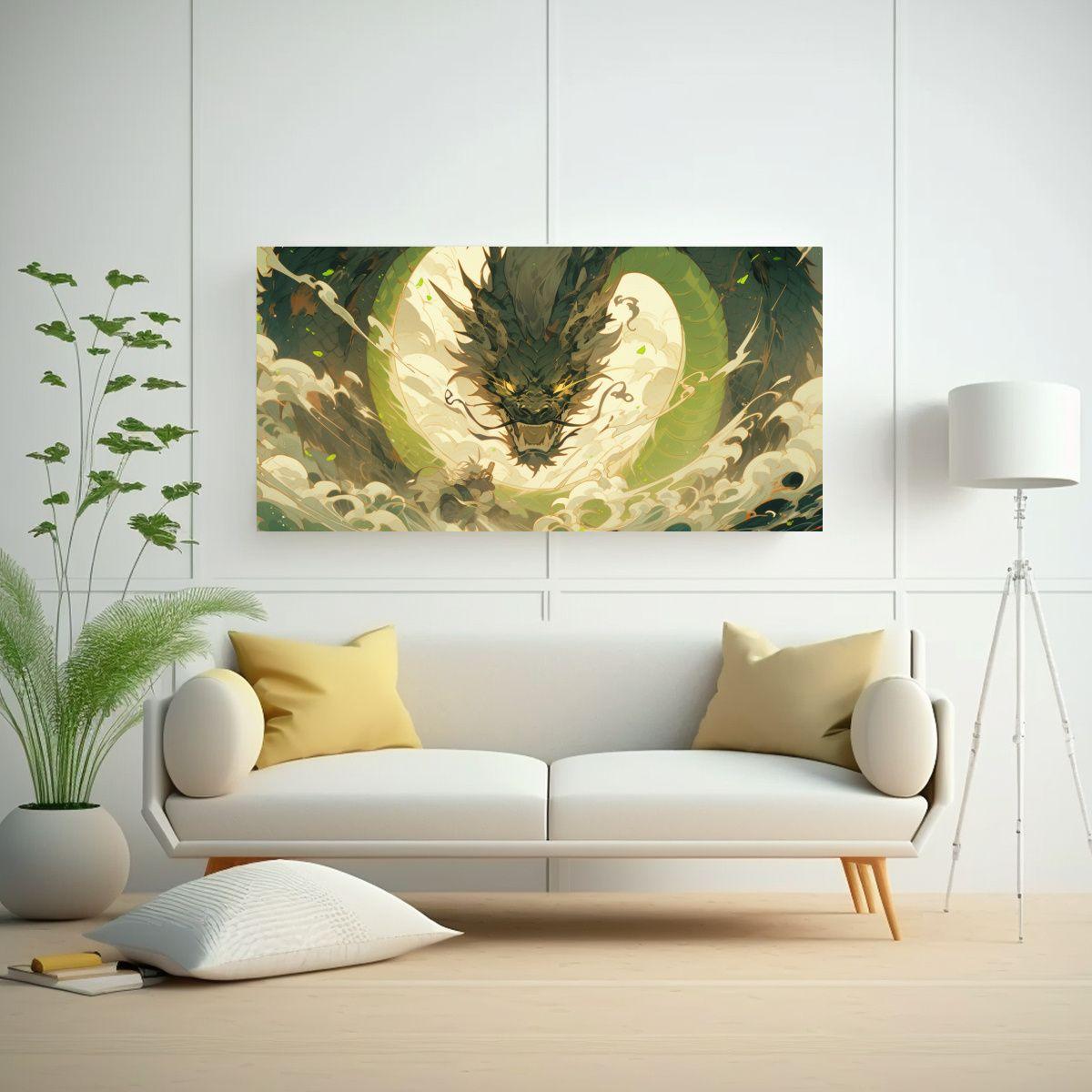 Cuadro Tela Elegante Dragón Marrón Y Verde 80x40cm-2