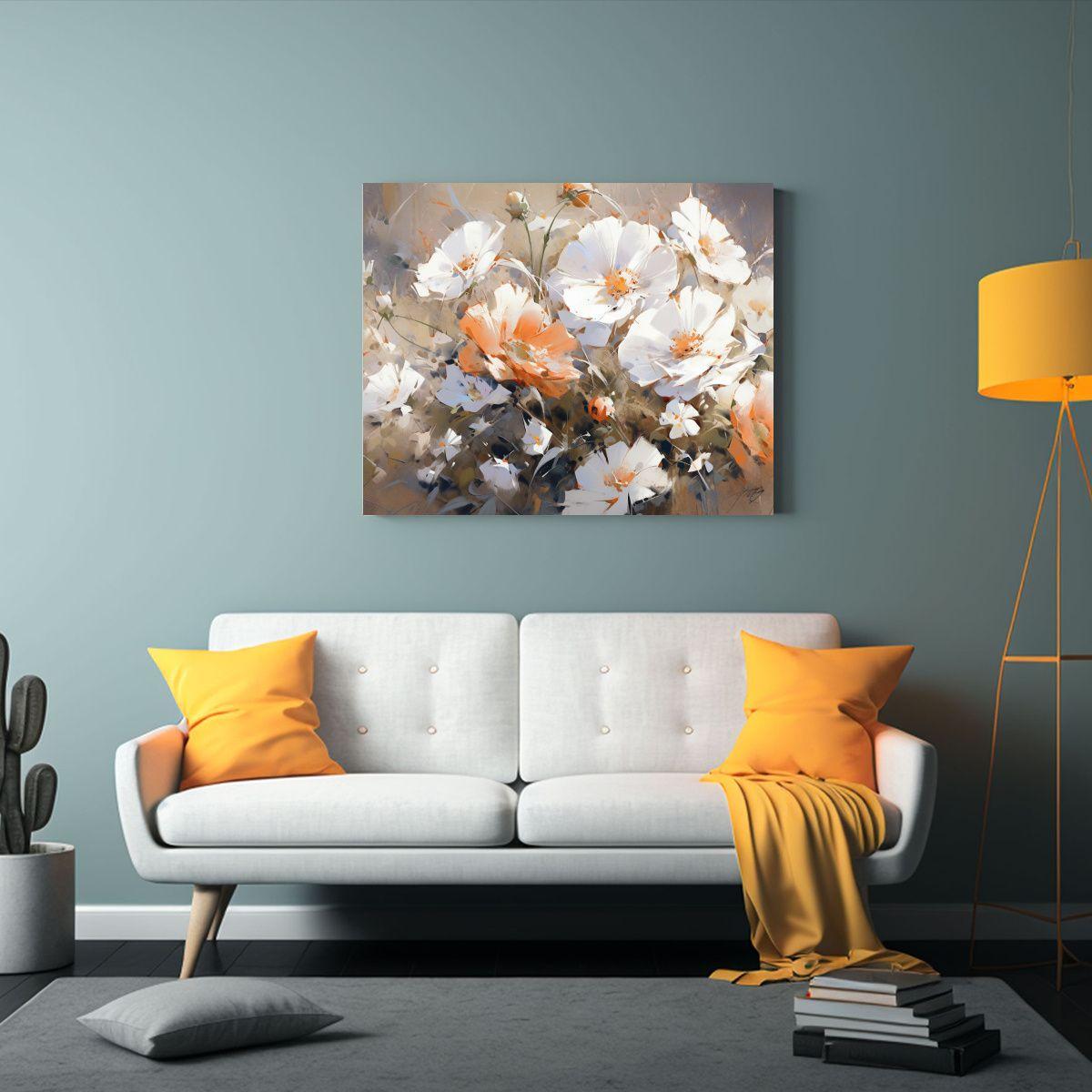 Pintura De Flores Blancas Y Naranjas En Lienzo Para Decoraci 75x50cm-2