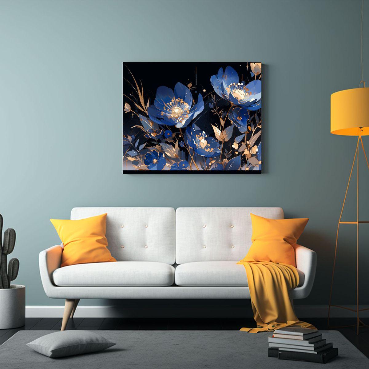 Cuadro Tela Acuarela Comedor Dorado Y Azul Neonoir Ambiente  30x20cm-2