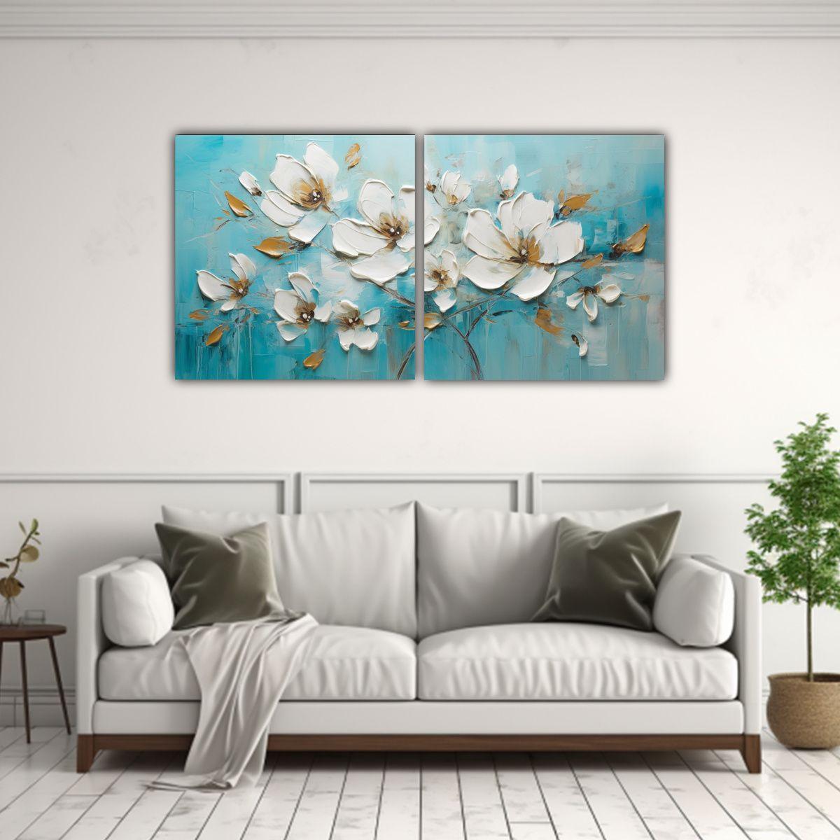 Pintura De Flor Turquesa En Lienzo Al Estilo 100x50 Cm-2