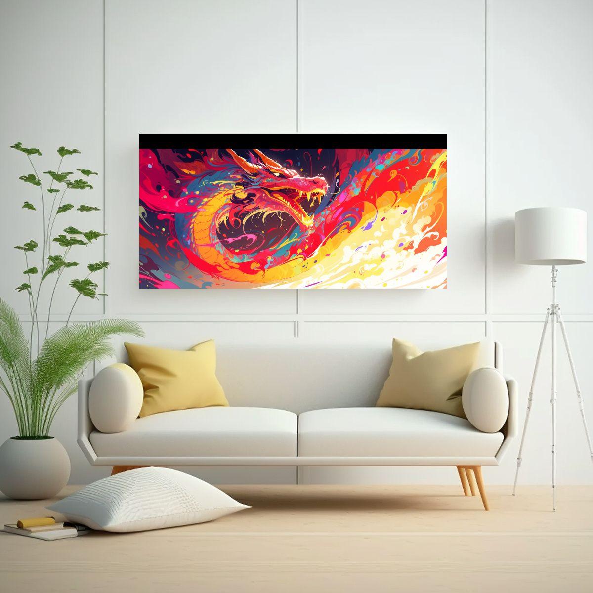 Pintura De Comedor Intenso Con Dragón En Colores  140x70cm-2
