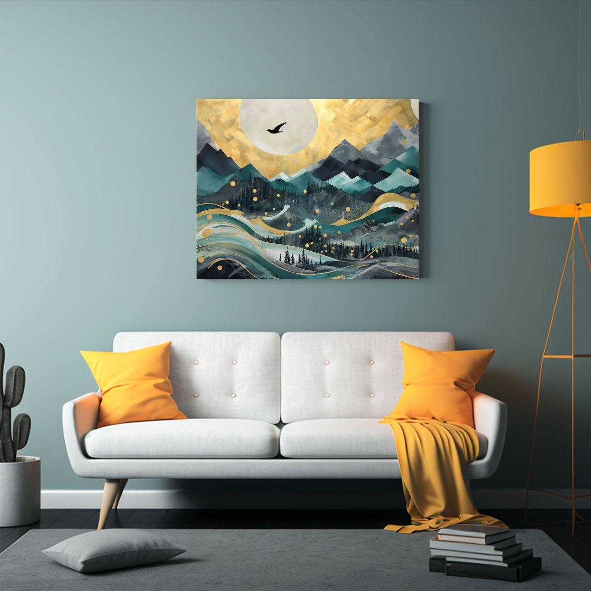 Pinturas De Decoración De Escena De Montaña Con Aves Y Sol 50x40cm-2